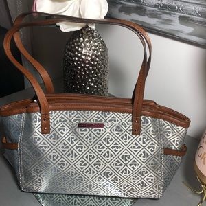 Silver Patterned Tote Bag with Brown Trim - Unknown Brand